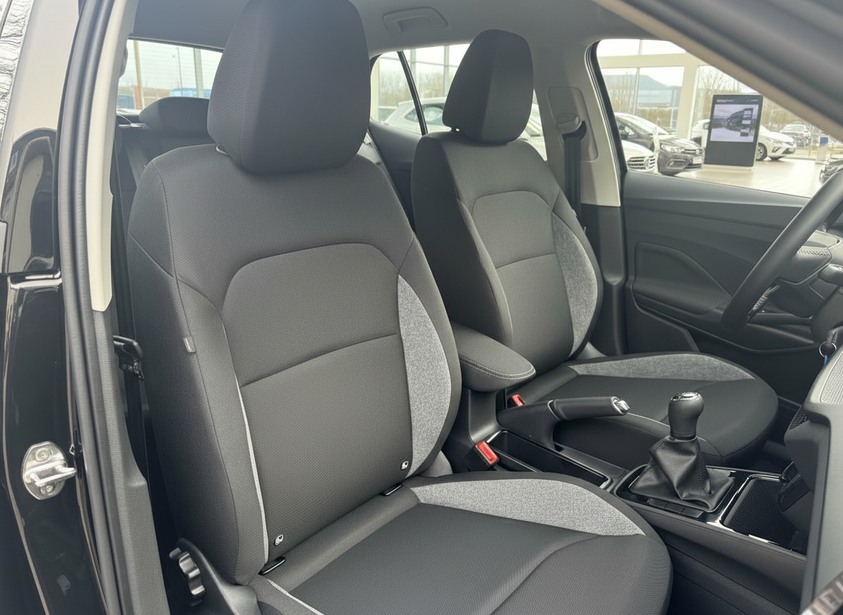 Fahrzeuginnenraum mit schwarzen Stoffsitzen und manuellem Schaltgetriebe