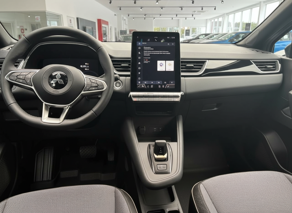 Mitsubishi Fahrzeug Innenraum mit Touchscreen, Lenkrad und Schaltung im Autohaus