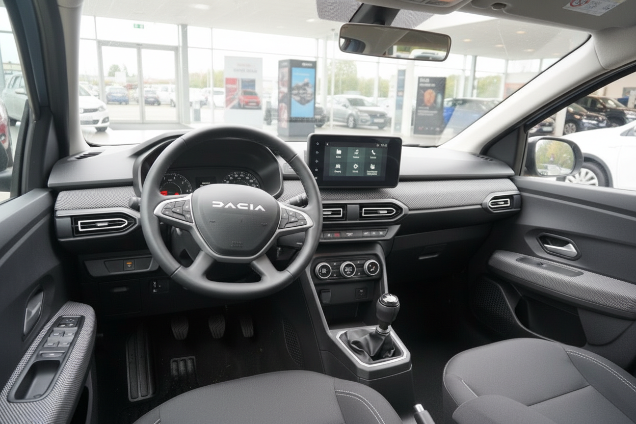 Dacia Innenraum mit Lenkrad, Infotainment-Display und Schaltgetriebe in grauem Interieur