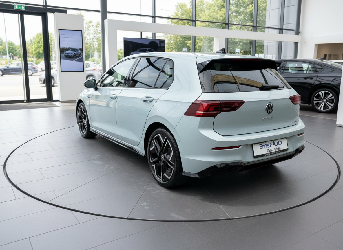VW Golf 8 R-Line in Hellblau Heckansicht im Autohaus Ernst-Auto Showroom