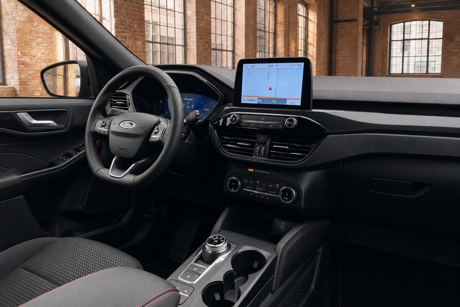 Ford Cockpit mit Navigationssystem und Lenkrad im Detail