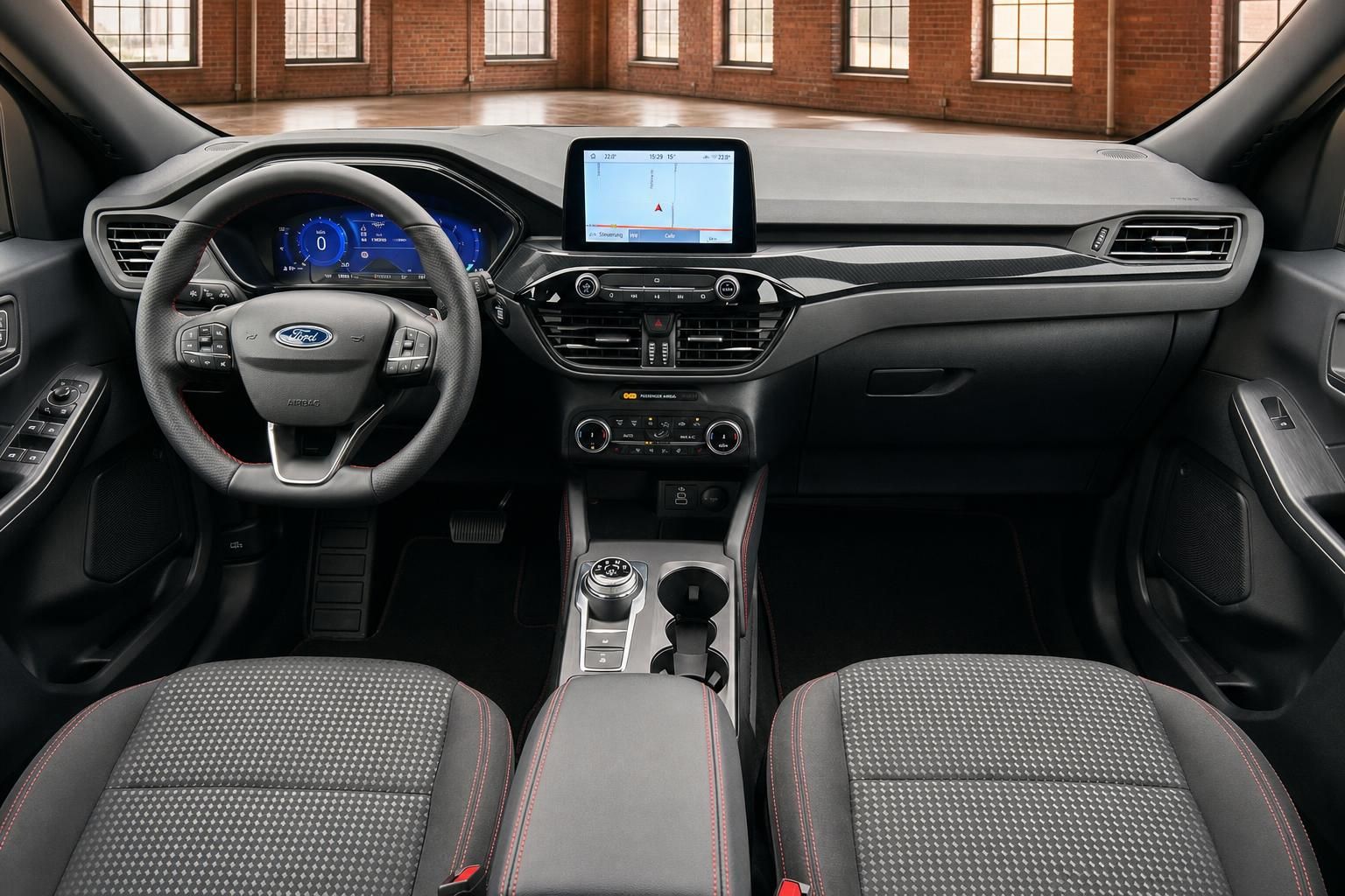 Ford SUV Cockpit Frontalansicht mit Sitzen und Armaturenbrett