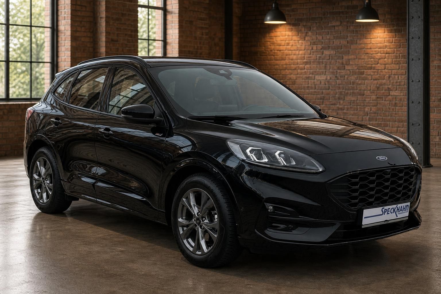 Ford Kuga schwarz Frontansicht seitlich in Industriehalle
