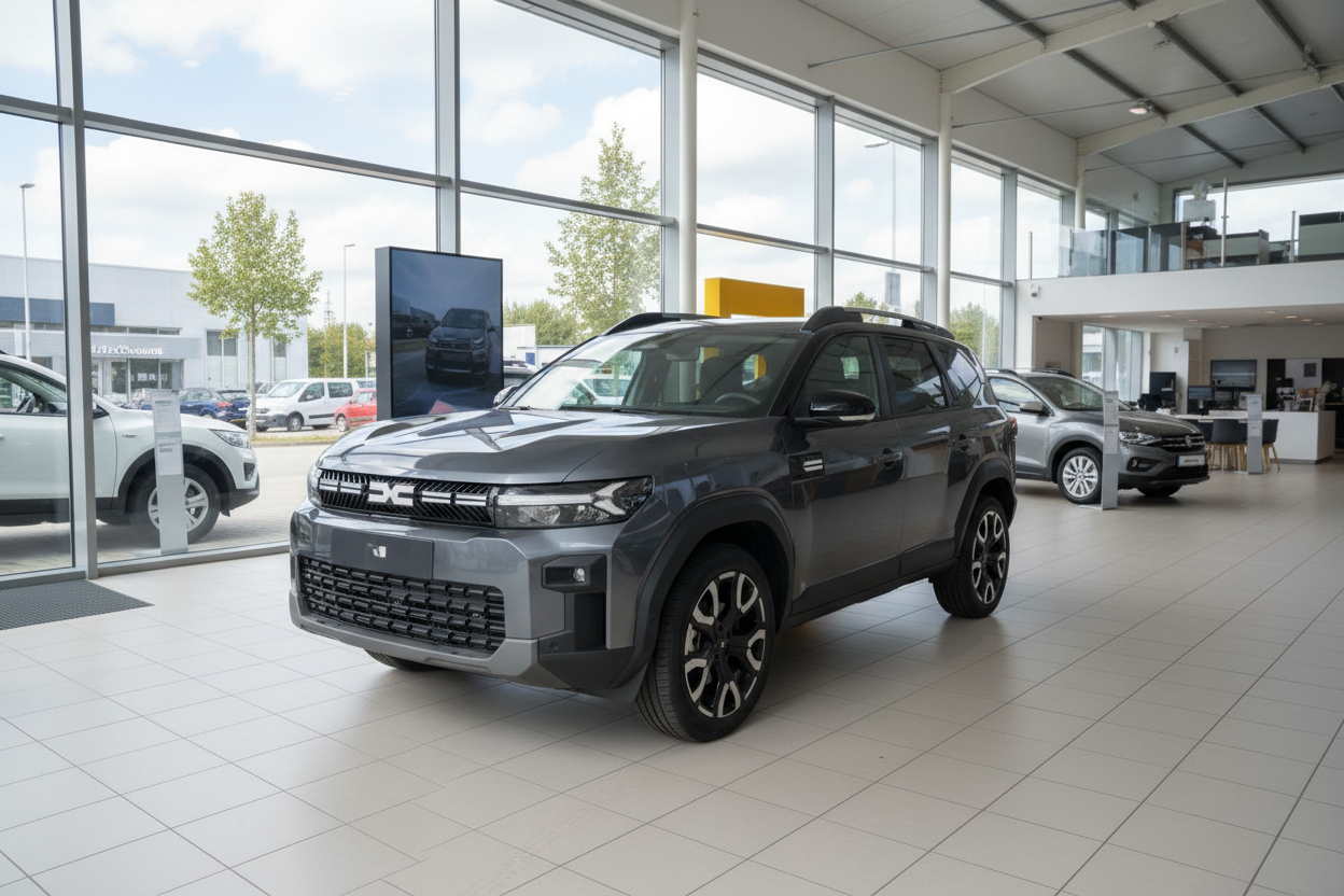 Dacia Duster SUV in Grau im Autohaus-Showroom, Frontansicht