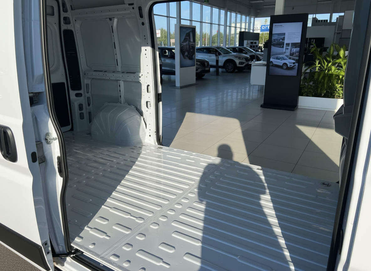 Weißer Transporter Laderaum geöffnet im Autohaus Showroom