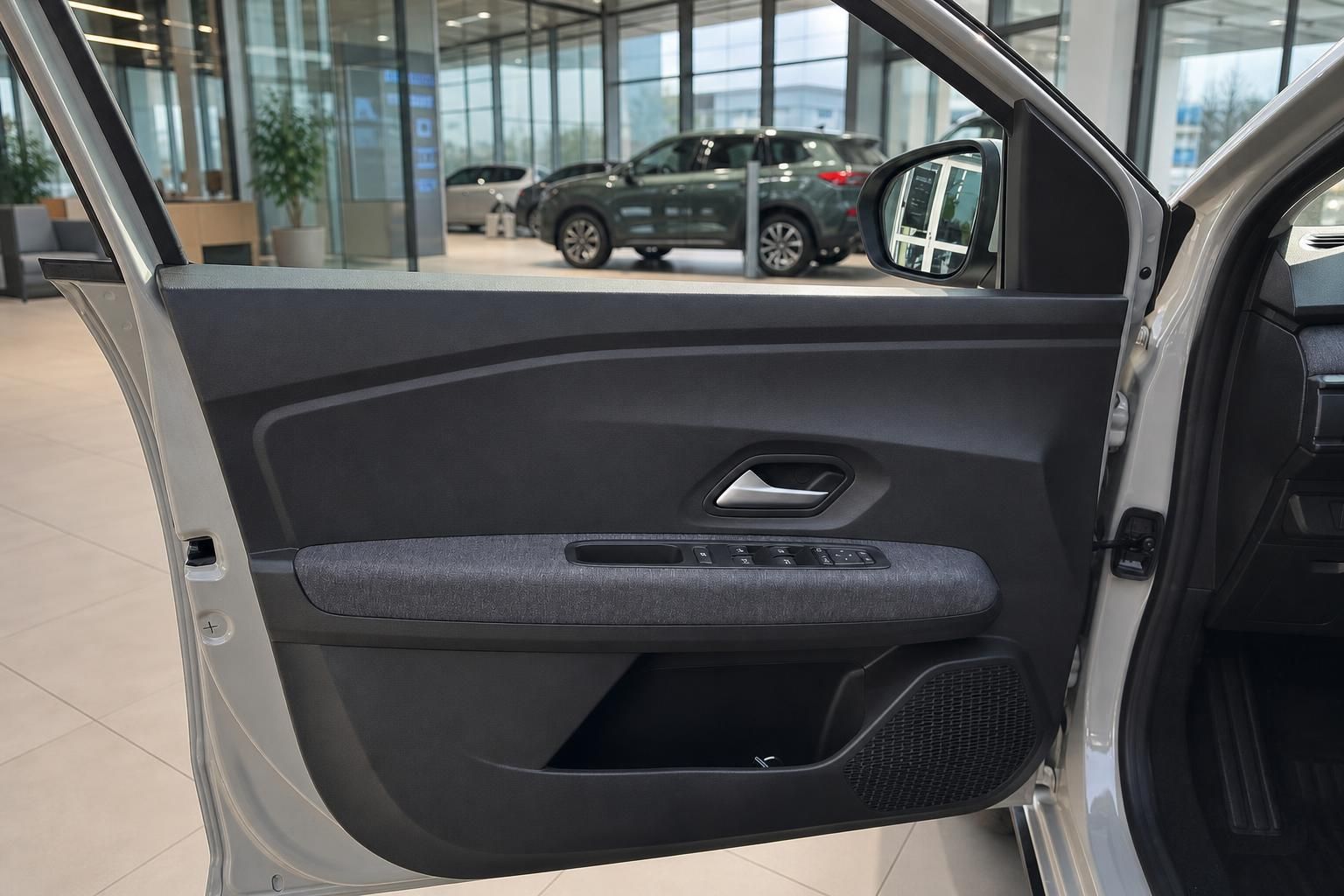 Fahrzeug Innenraum mit geöffneter Fahrertür und Blick auf Türverkleidung mit Fensterheberschaltern