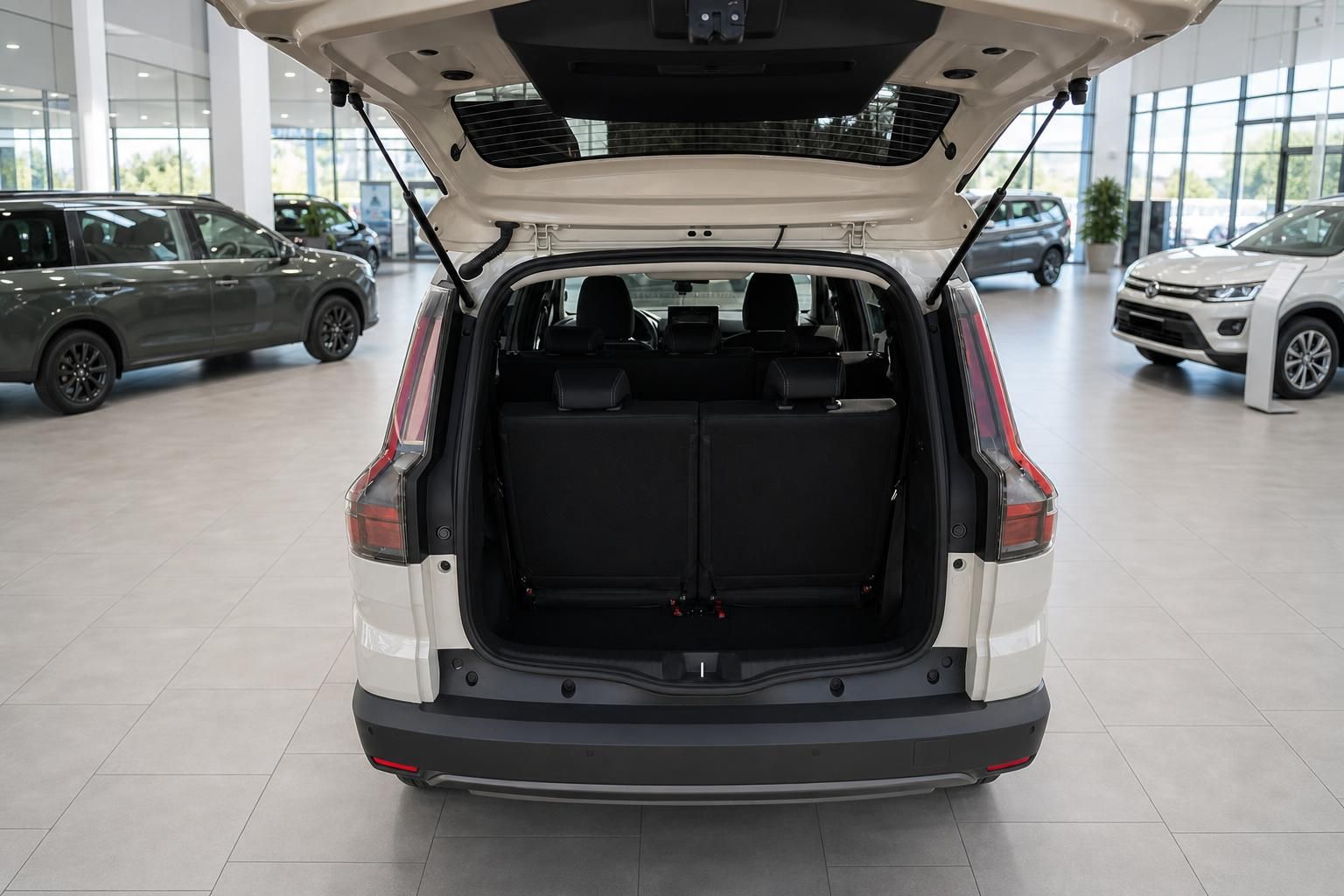 Weißes SUV mit geöffnetem Kofferraum zeigt Ladevolumen im Autohaus-Showroom