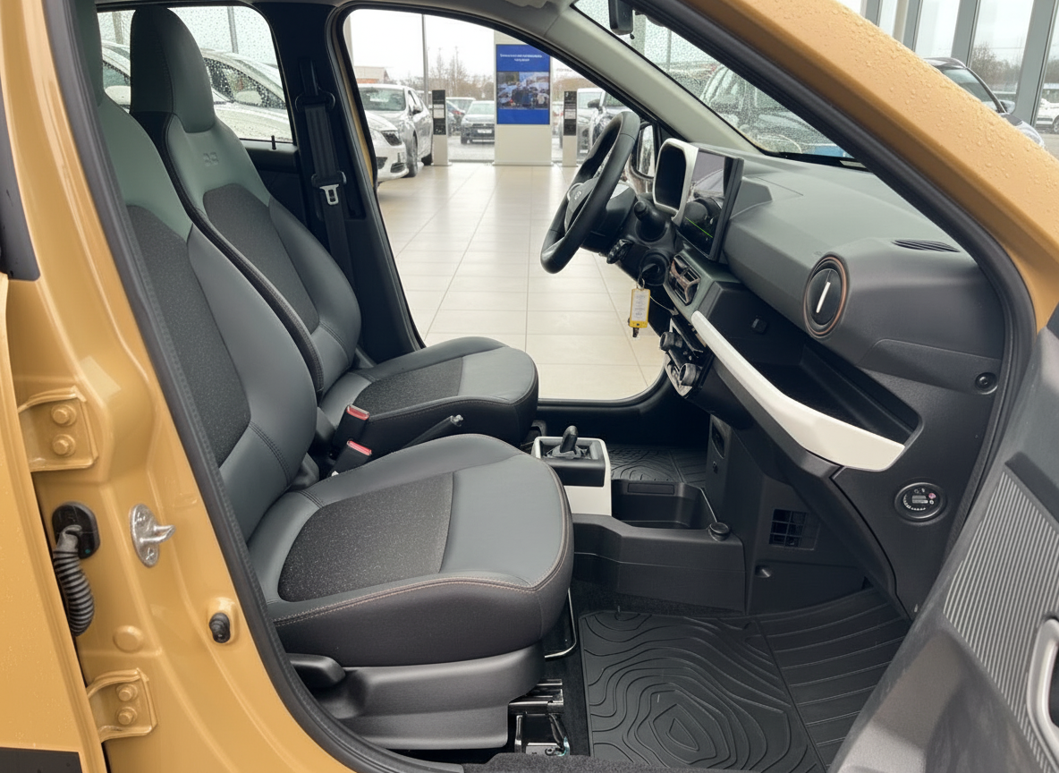 Innenraum eines gelben Dacia Sandero – schwarze Sitze, modernes Cockpit mit Touchscreen, Fahrerseite
