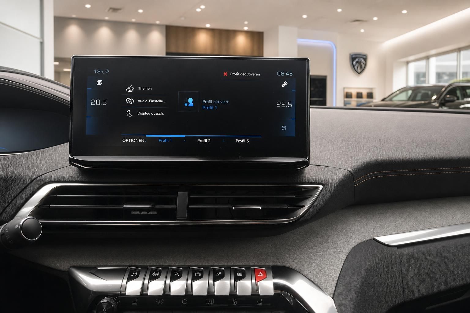 Peugeot Touchscreen Infotainment mit Klimaeinstellungen im Cockpit
