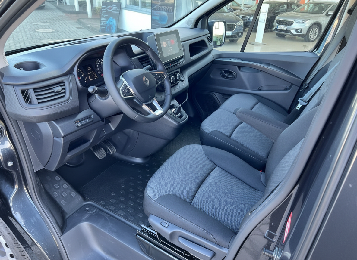 Renault Trafic Innenraum mit Fahrersitz, Lenkrad und Touchscreen-Infotainment