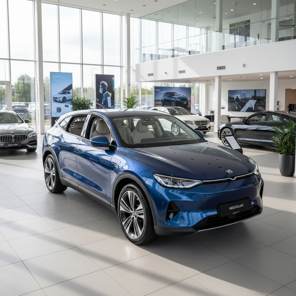 Blauer SUV Crossover im modernen Autohaus Showroom mit weiteren Fahrzeugen im Hintergrund