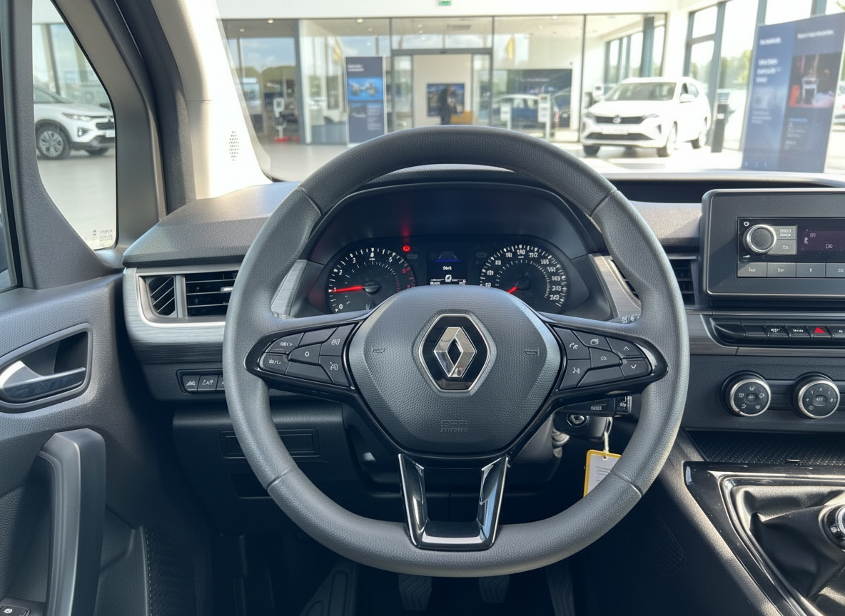 Renault Innenraum mit Lenkrad, Tacho und Infotainment-System in einem Autohaus