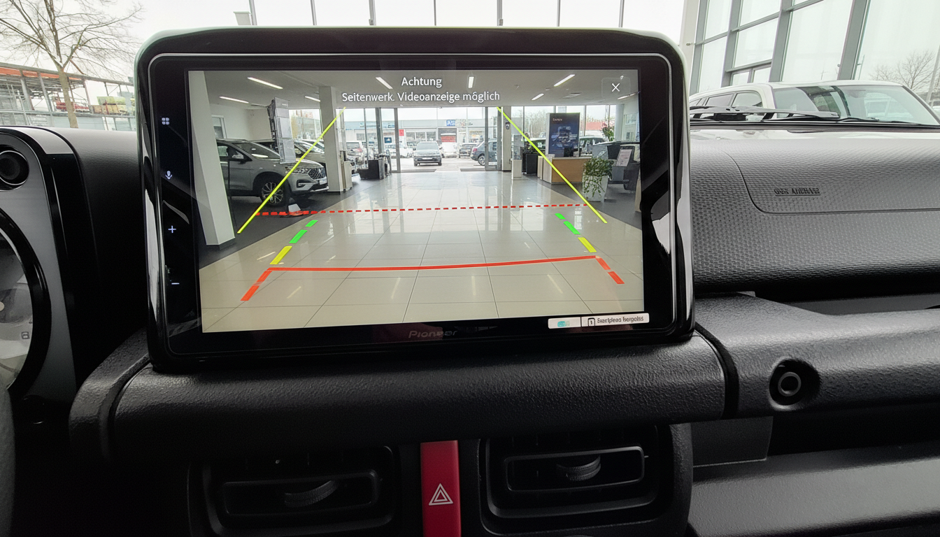 Rückfahrkamera-Display im Suzuki Jimny zeigt Parkhilfslinien im Autohaus, Pioneer Infotainment-System mit farbigen Abstandsmarkierungen in Rot, Gelb und Grün für sicheres Einparken