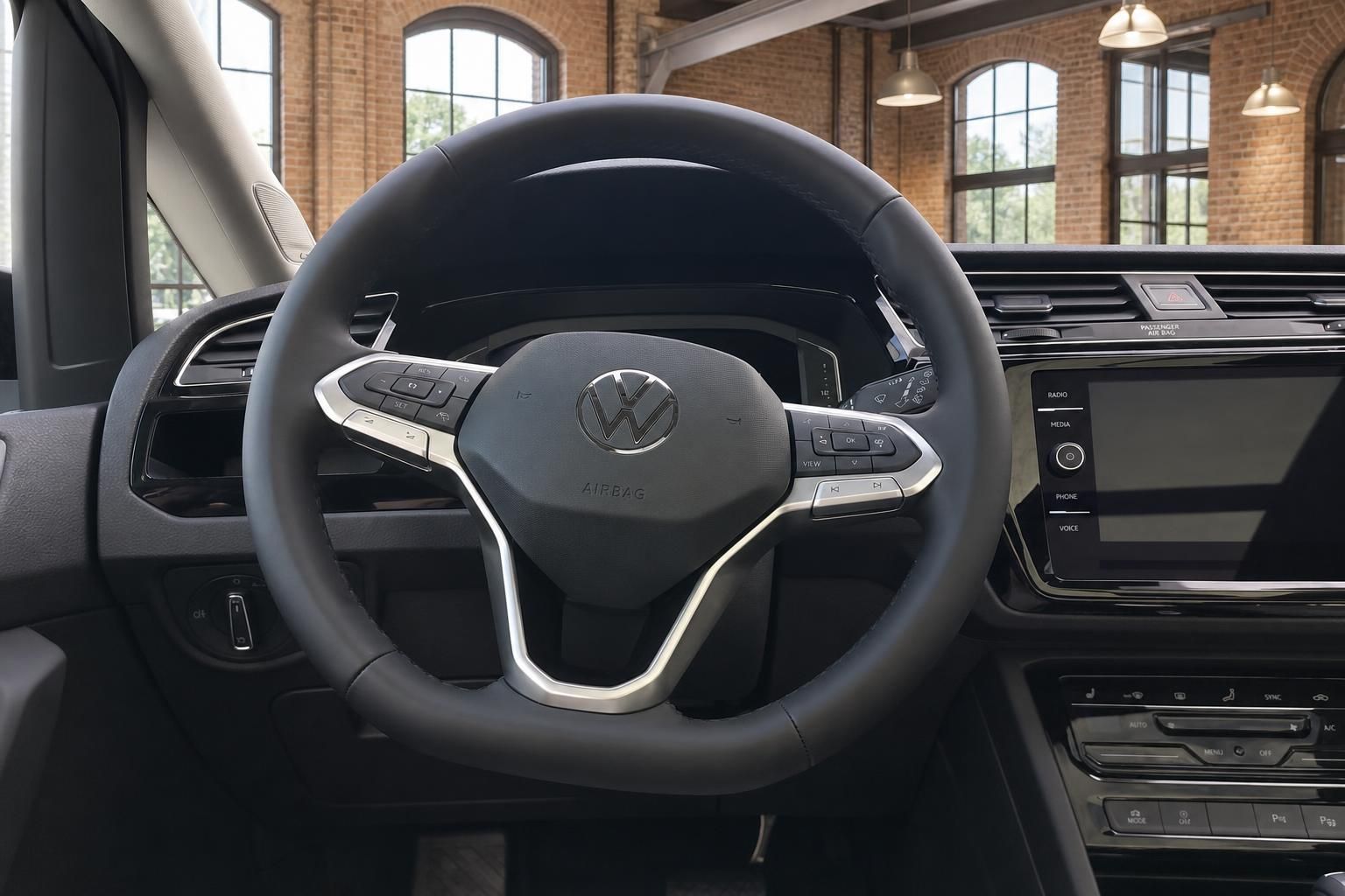 VW Lenkrad mit Multifunktionstasten und Cockpit Nahaufnahme