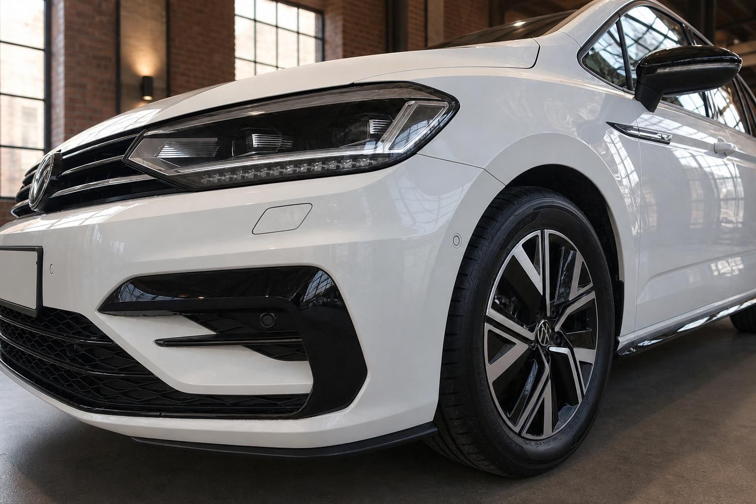 VW Frontansicht Detail: Scheinwerfer, Felge und Kuehlergrill in Weiss