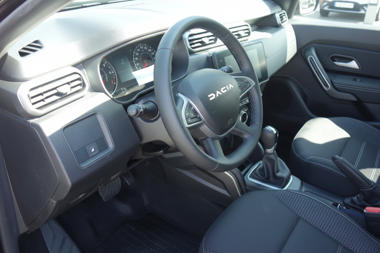 Dacia Innenraum mit Lenkrad, Schaltgetriebe und Cockpit in schwarz-grau