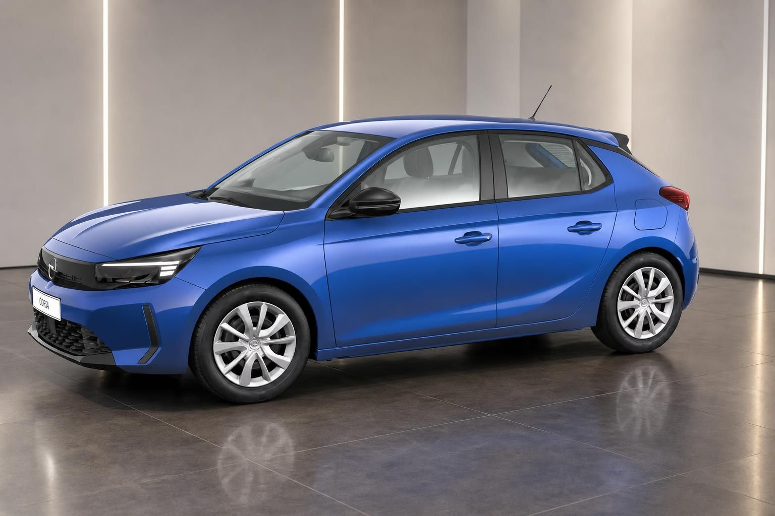 Opel Corsa blau Seitenansicht im Autohaus
