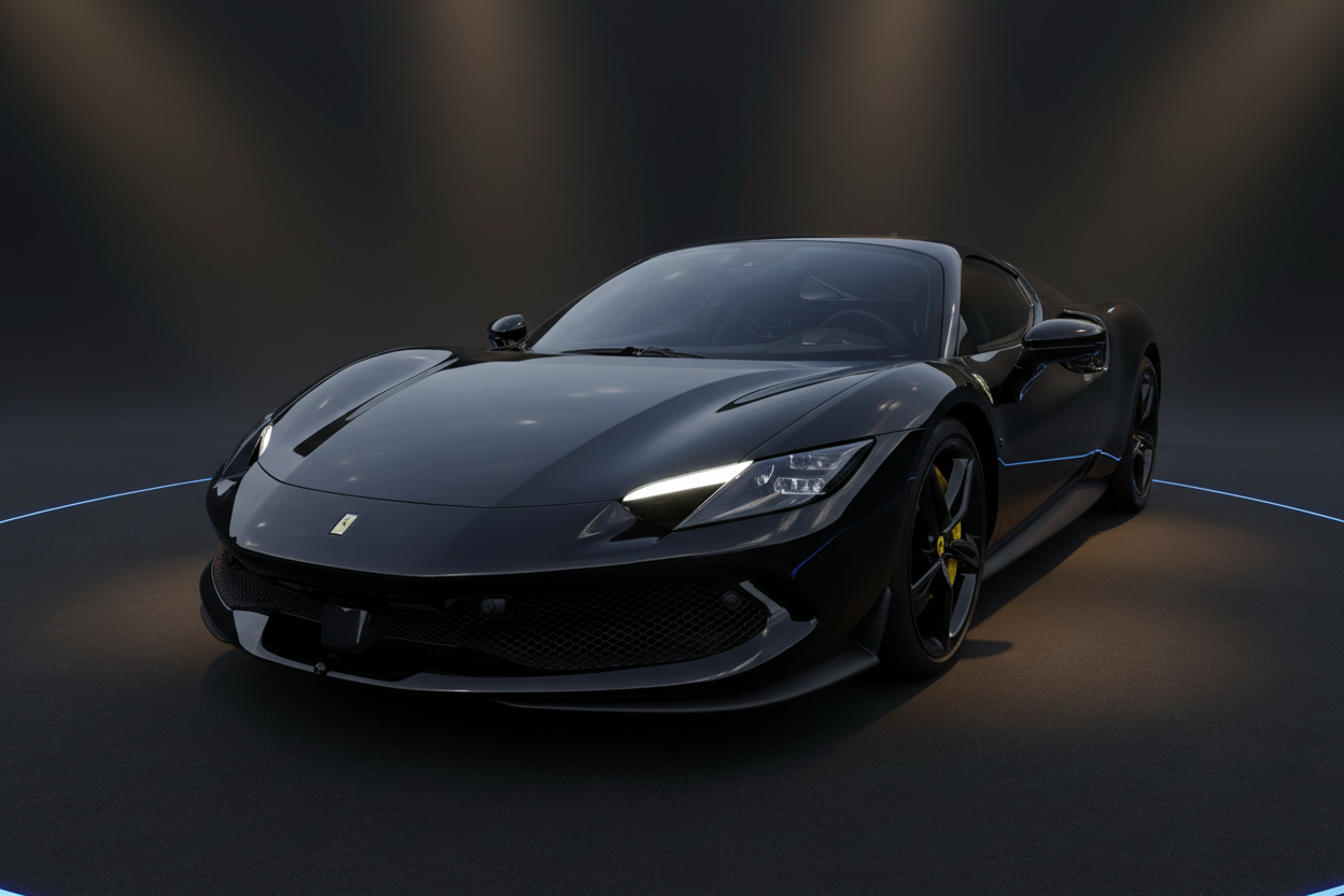 Schwarzer Ferrari SF90 Stradale Sportwagen in elegantem Studio-Setting mit dramatischer Beleuchtung und blauem Neon-Lichtakzent auf dunklem Hintergrund