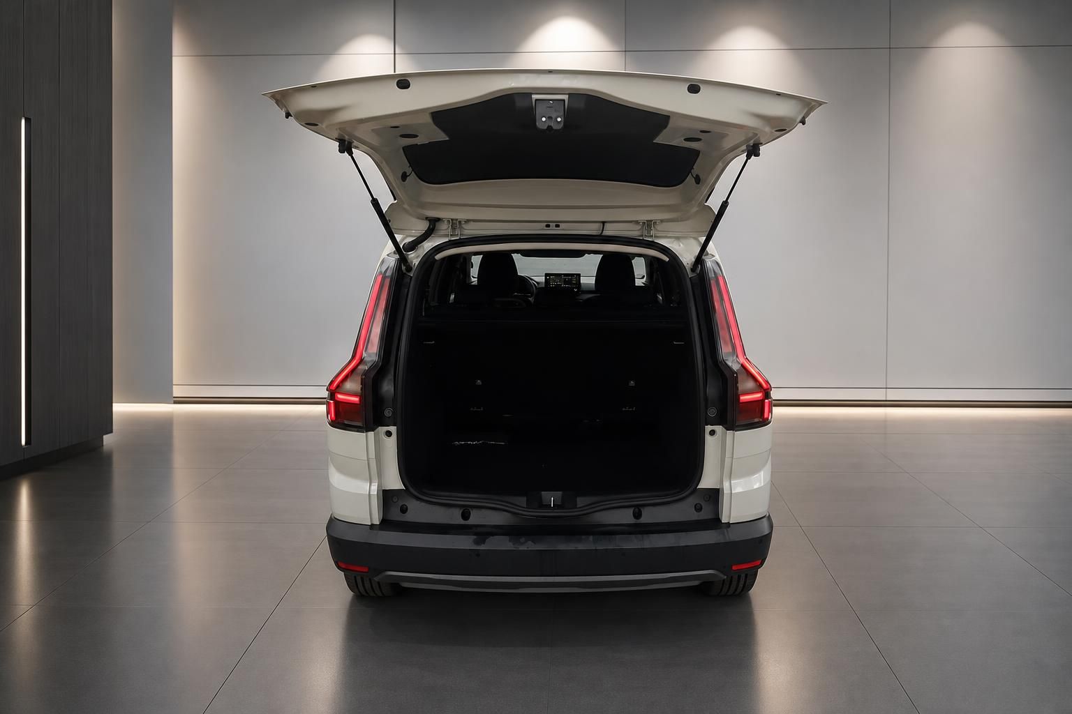 Weißes SUV mit geöffneter Heckklappe und großem Kofferraum im Autohaus