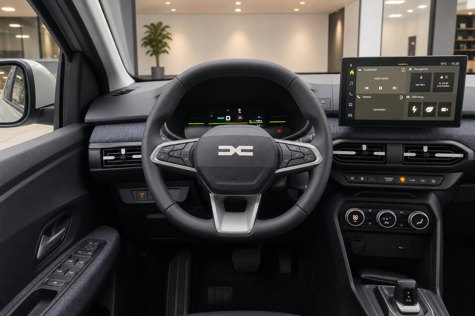 Dacia Cockpit mit Lenkrad, Digitaltacho und Touchscreen-Display