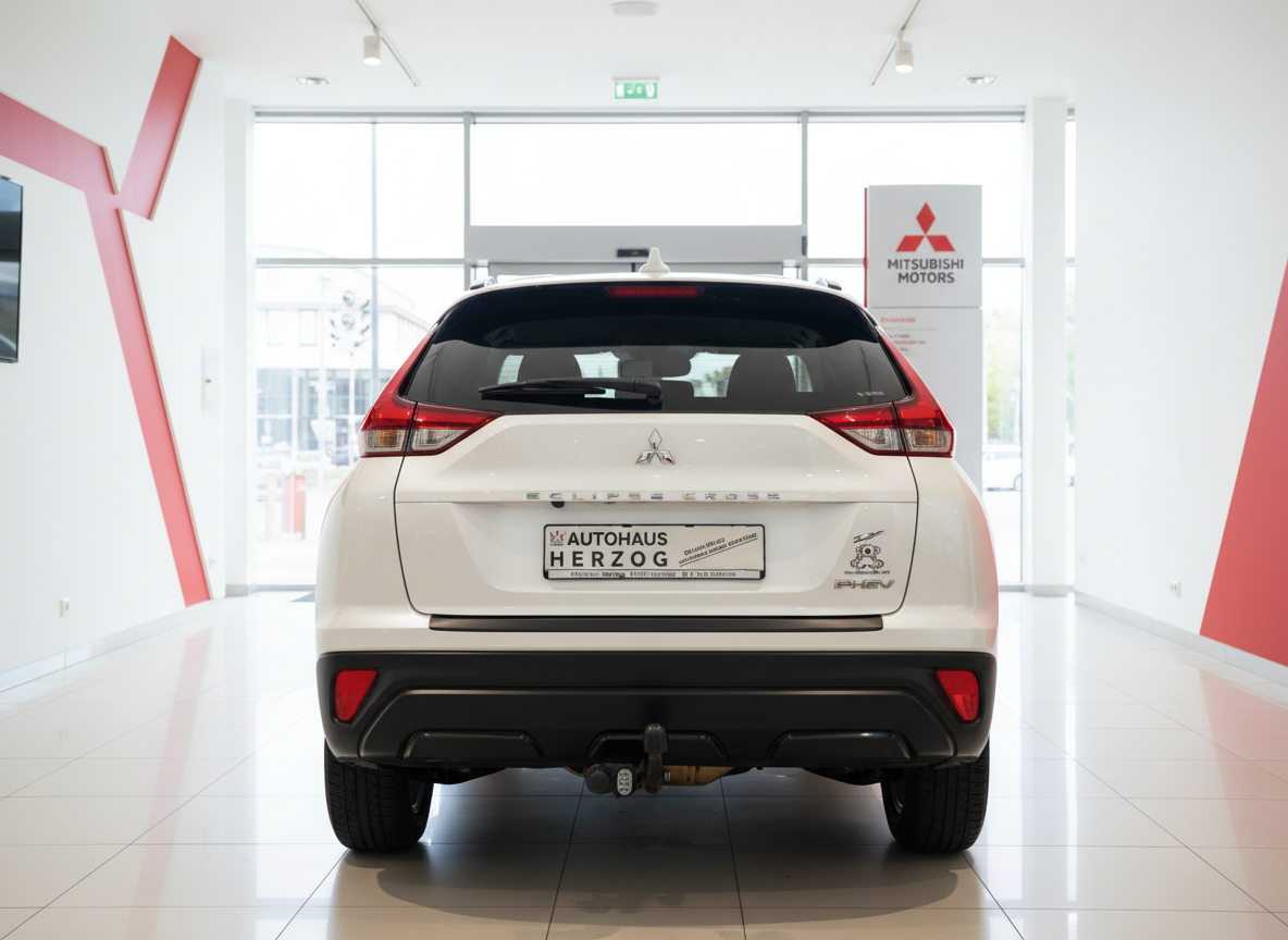 Mitsubishi Eclipse Cross PHEV Heckansicht in Weiß im Autohaus Herzog Showroom