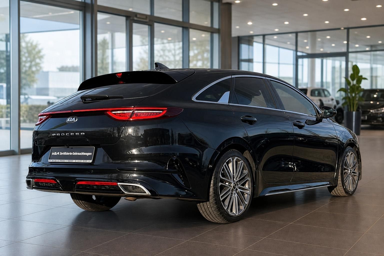 Kia ProCeed schwarz Heckansicht seitlich im Showroom