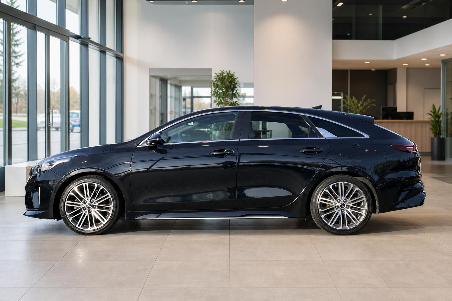 Kia ProCeed dunkelblau Seitenansicht im Autohaus Showroom
