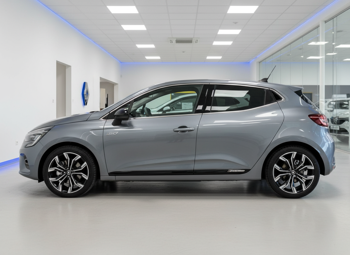 Renault Clio in Grau metallic Seitenansicht im Autohaus Showroom
