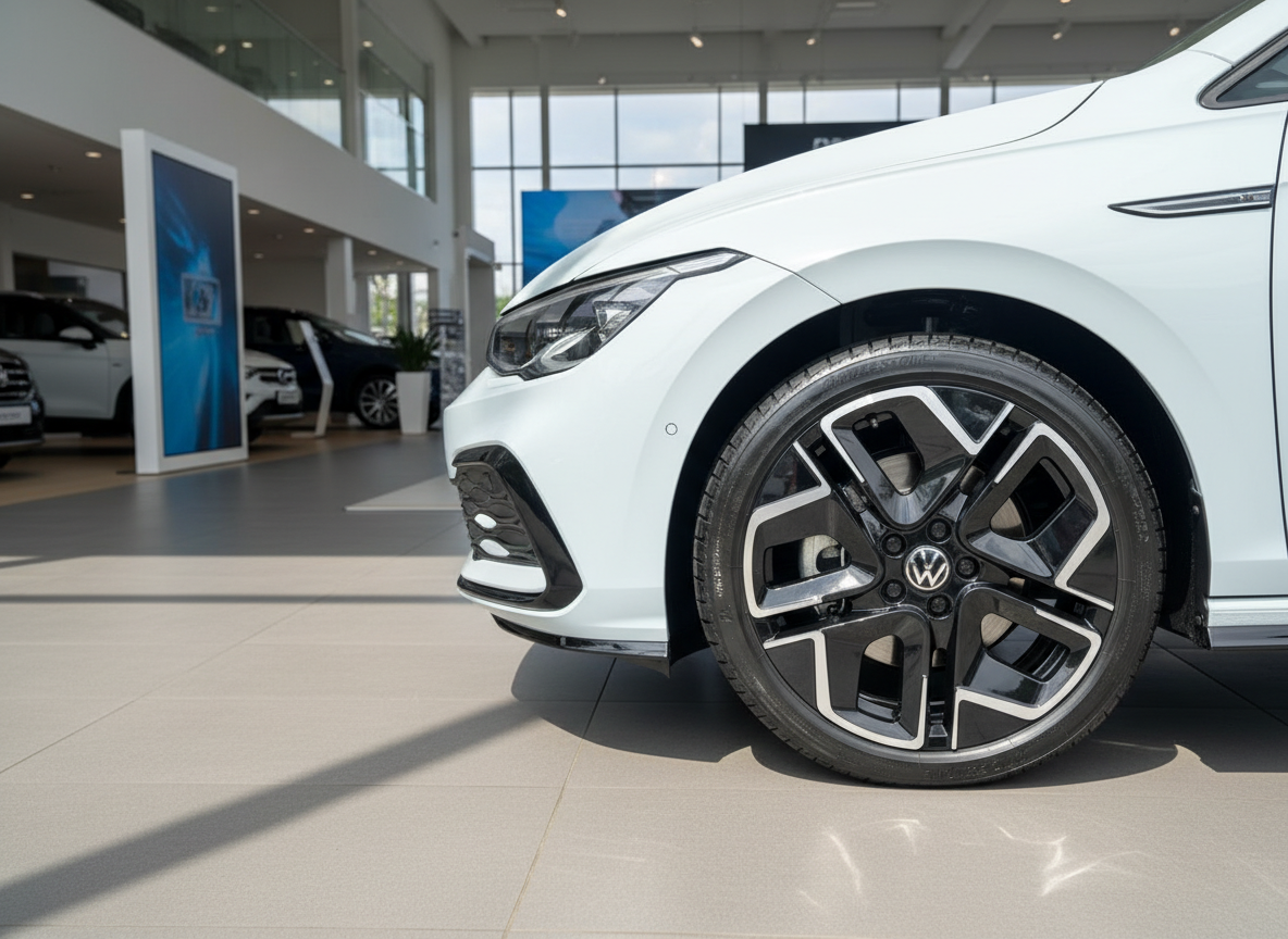 Weißer Volkswagen Golf im VW-Autohaus, Nahaufnahme Frontpartie mit schwarzen Leichtmetallfelgen