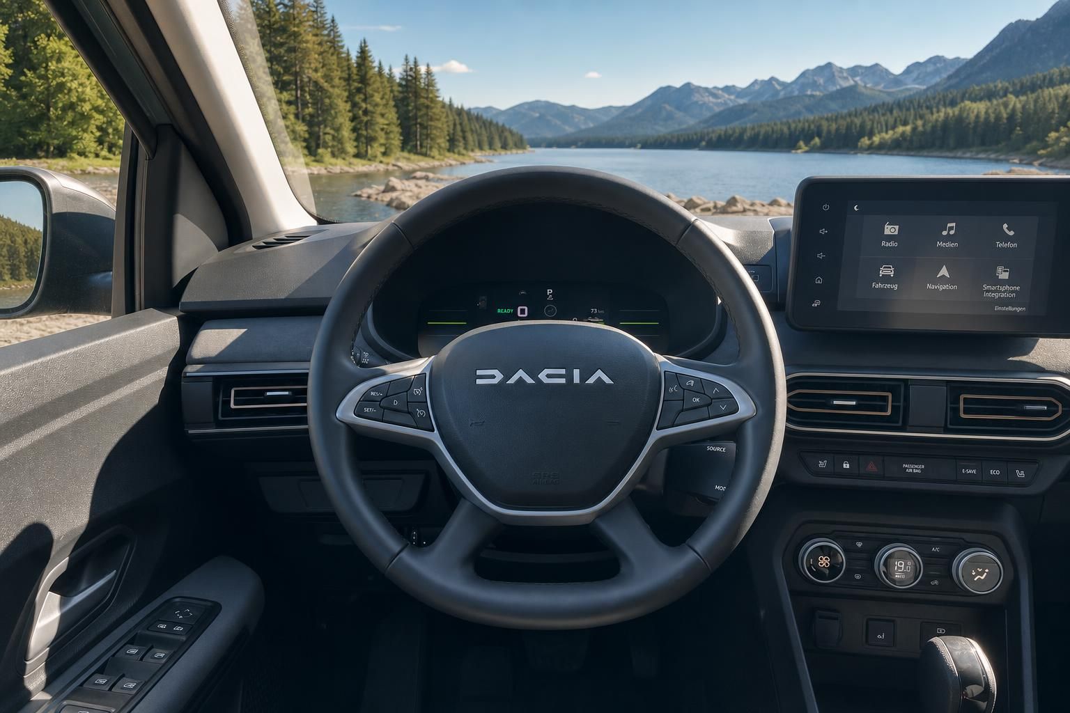 Dacia Fahrzeug Armaturenbrett mit Lenkrad und Infotainment-System - Innenraumansicht mit Berglandschaft