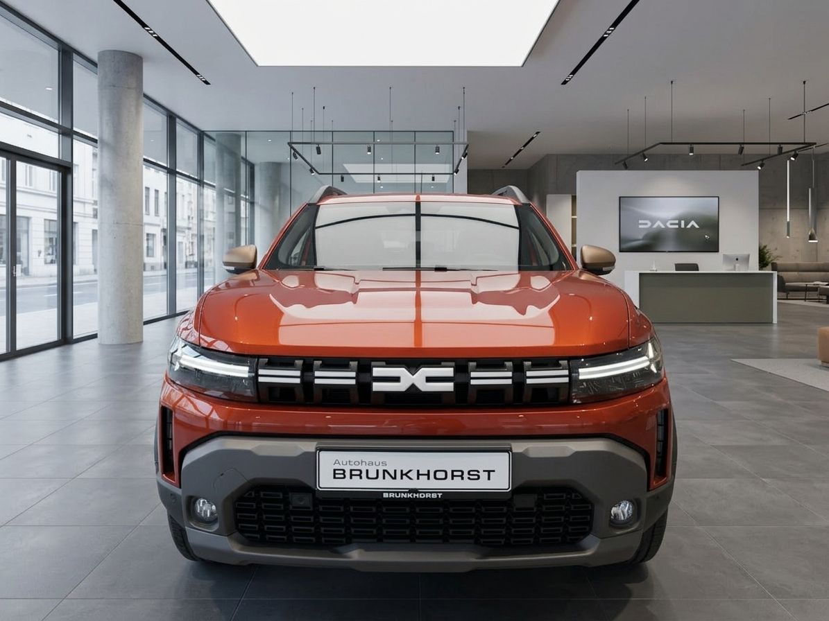 Dacia SUV Orange - Frontansicht im modernen Autohaus Showroom