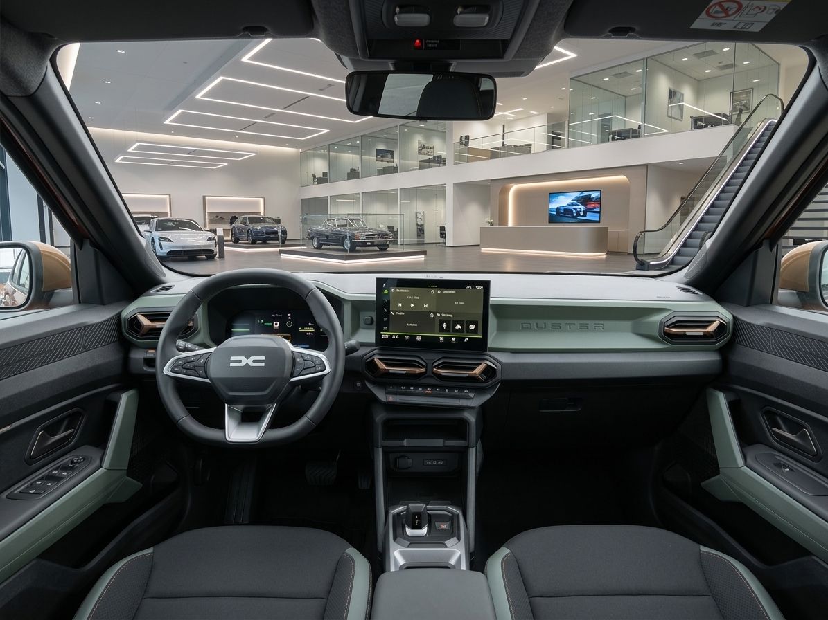 Dacia Duster Innenraum mit modernem Cockpit und Touchscreen im Autohaus-Showroom