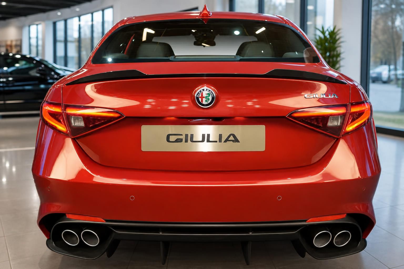 Alfa Romeo Giulia in Rot, Heckansicht mit Doppelendrohren im Showroom