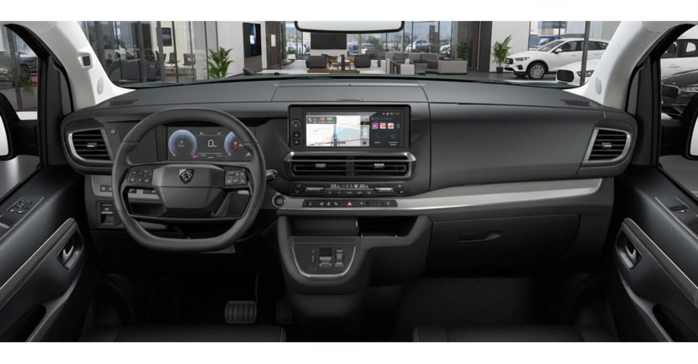 Citroën Innenraum mit digitalem Cockpit, Touchscreen-Infotainmentsystem mit Navigation, schwarzem Lenkrad mit Markenlogo und modernem grauen Armaturenbrett im Autohaus