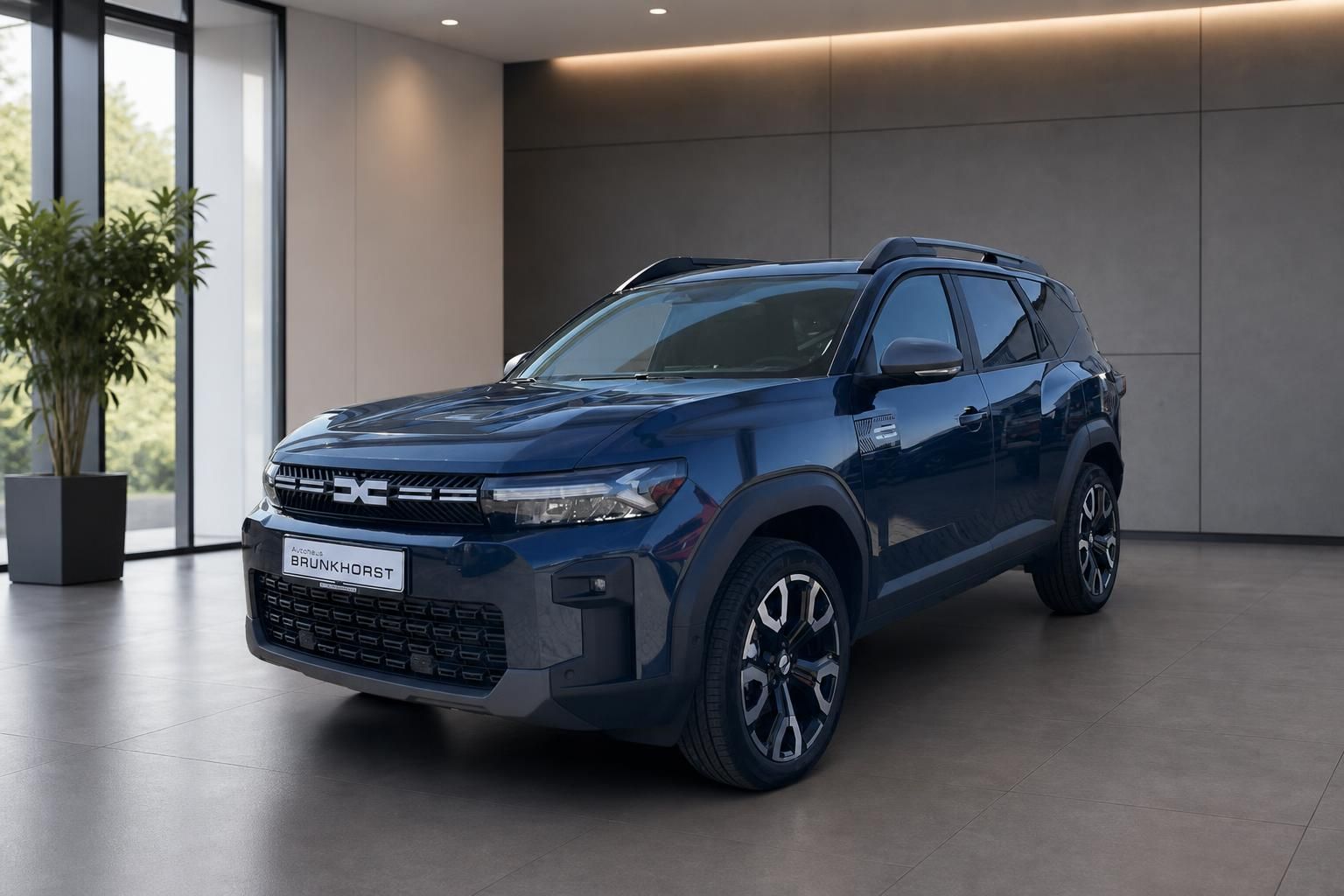 Dacia SUV Bigster blau Dreiviertelansicht von vorn im modernen Autohaus Showroom