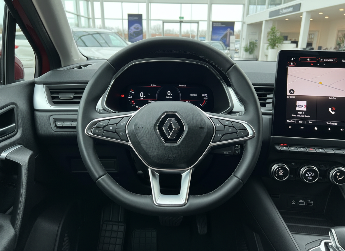 Renault Innenraum mit Lederlenkrad, digitalem Cockpit und Touchscreen-Navigation
