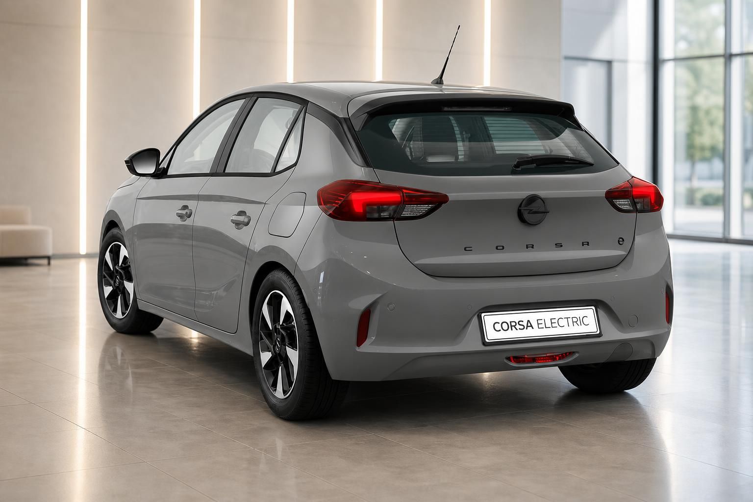 Opel Corsa Electric in Grau, Heckansicht im Showroom