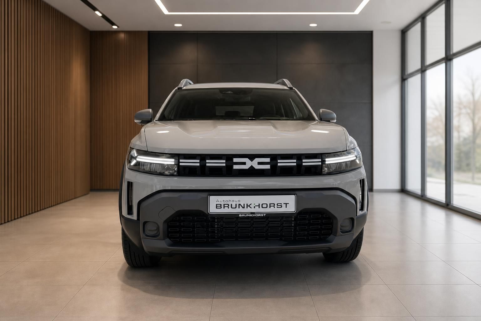 Weißer Dacia Duster SUV Frontansicht im Autohaus Showroom mit modernem Design