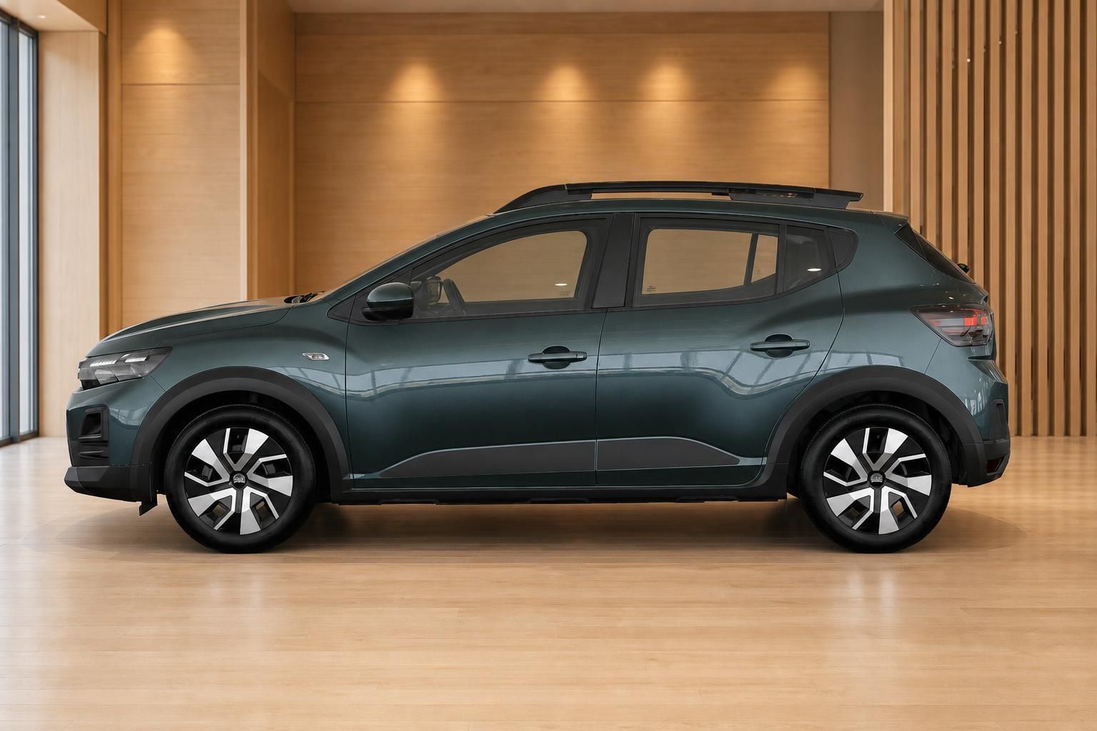 Dacia Sandero Stepway in Gruen, Seitenansicht im Showroom