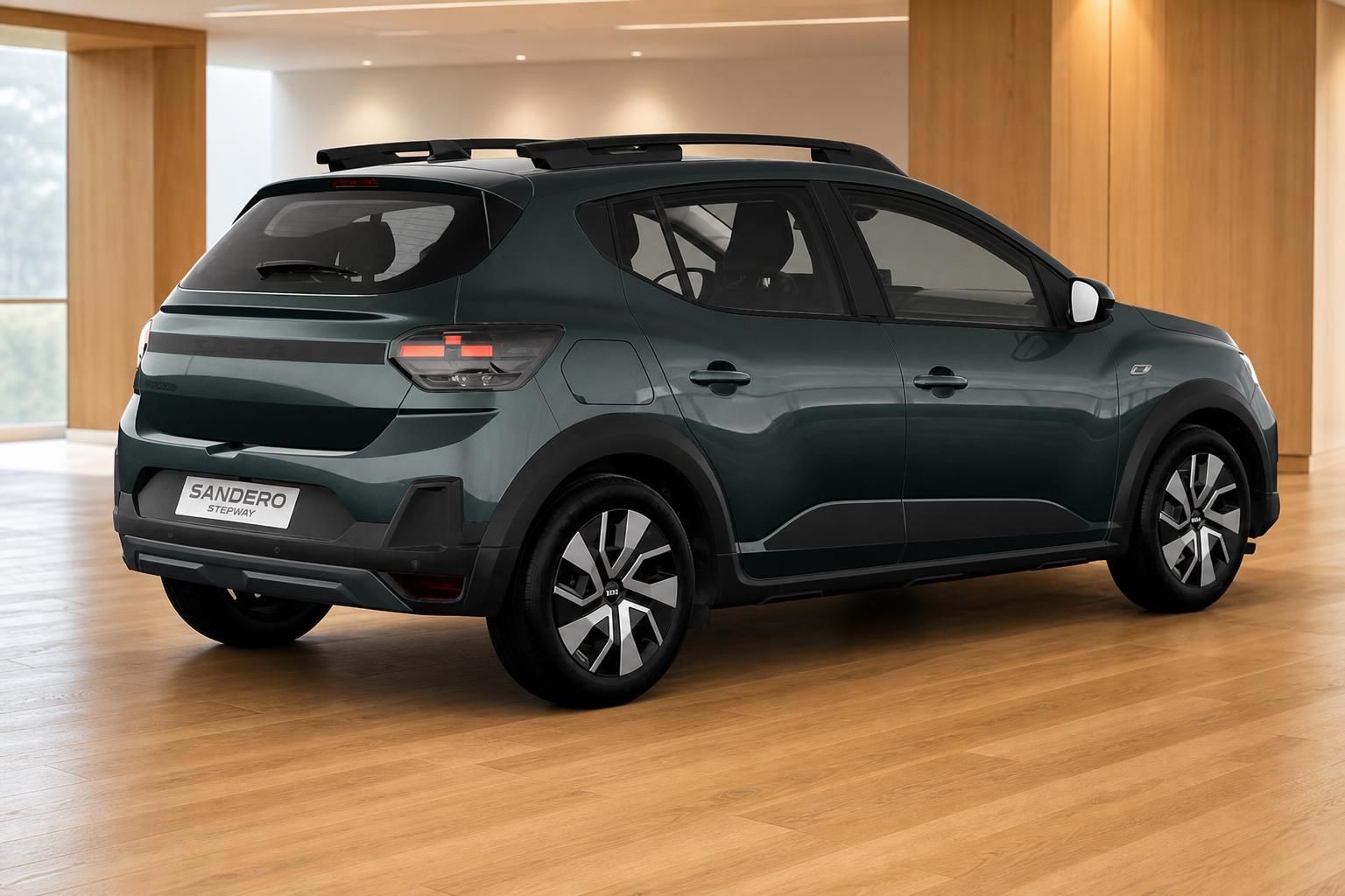 Dacia Sandero Stepway gruen, Heckansicht schraeg im Showroom