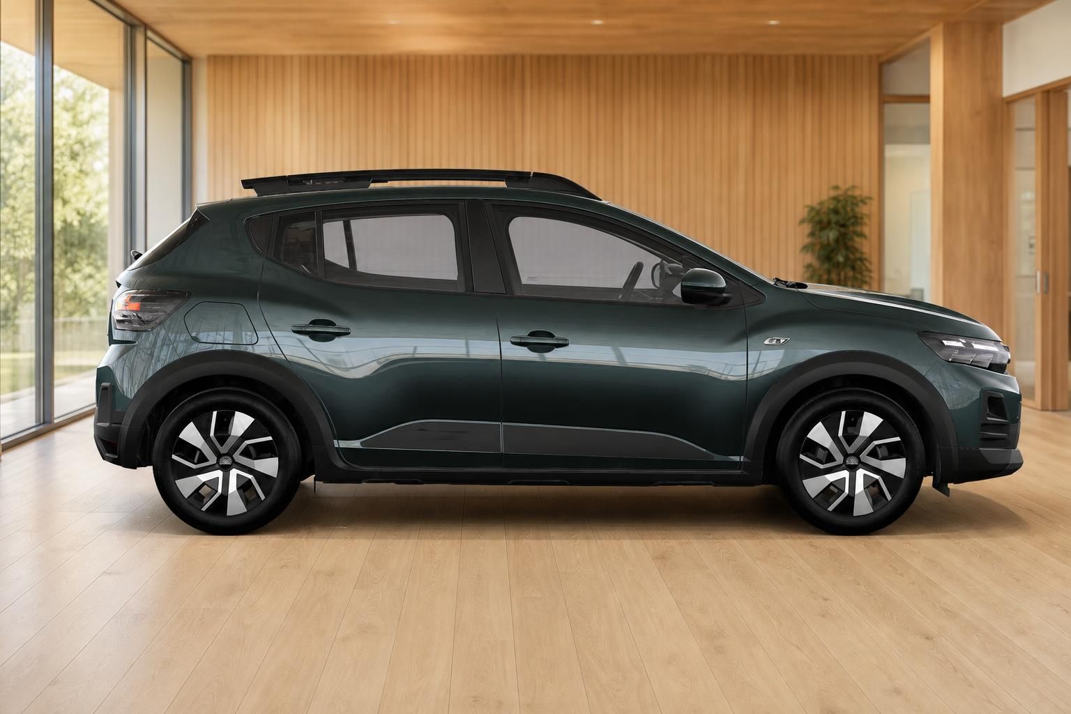 Dacia Sandero Stepway in Gruen, Seitenansicht im Showroom