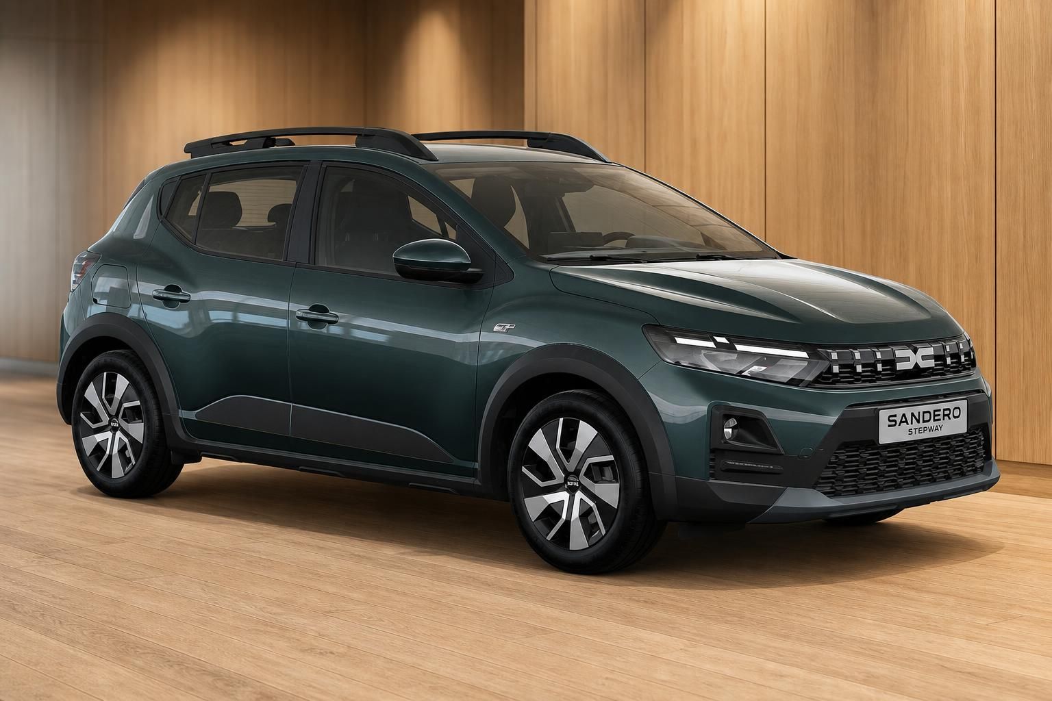 Dacia Sandero Stepway in Gruen, Frontansicht schraeg im Showroom