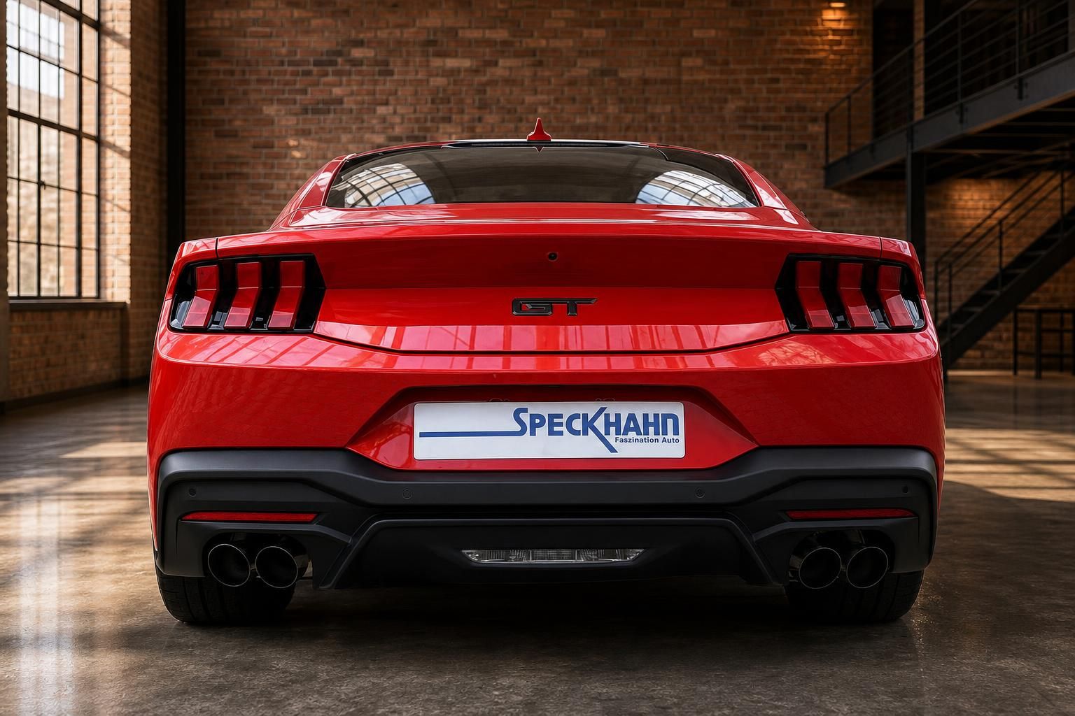 Roter Ford Mustang GT direkte Heckansicht mit Vierfach-Auspuff