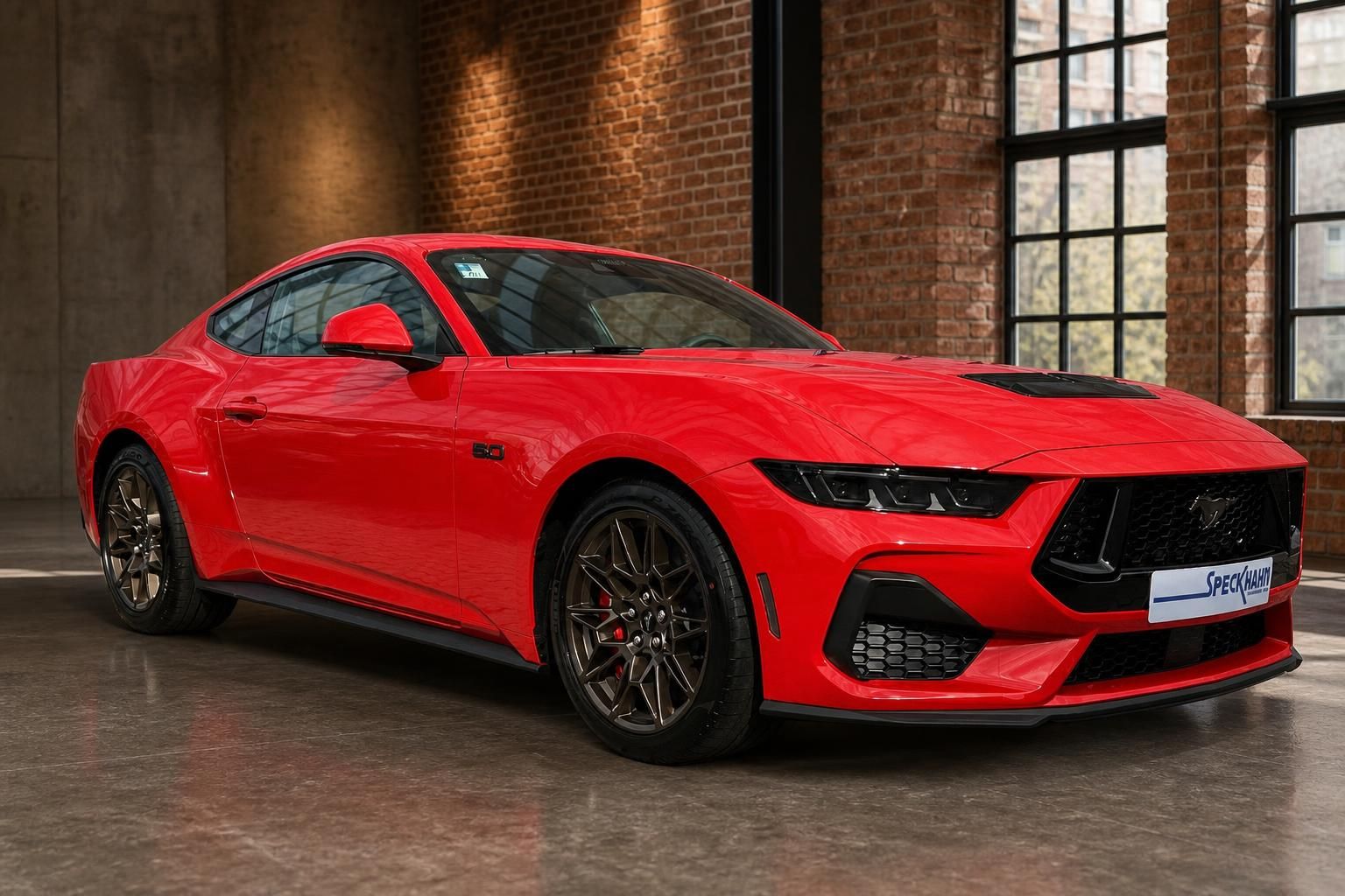 Roter Ford Mustang GT 5.0 Seitenansicht vorne in Loft-Ambiente