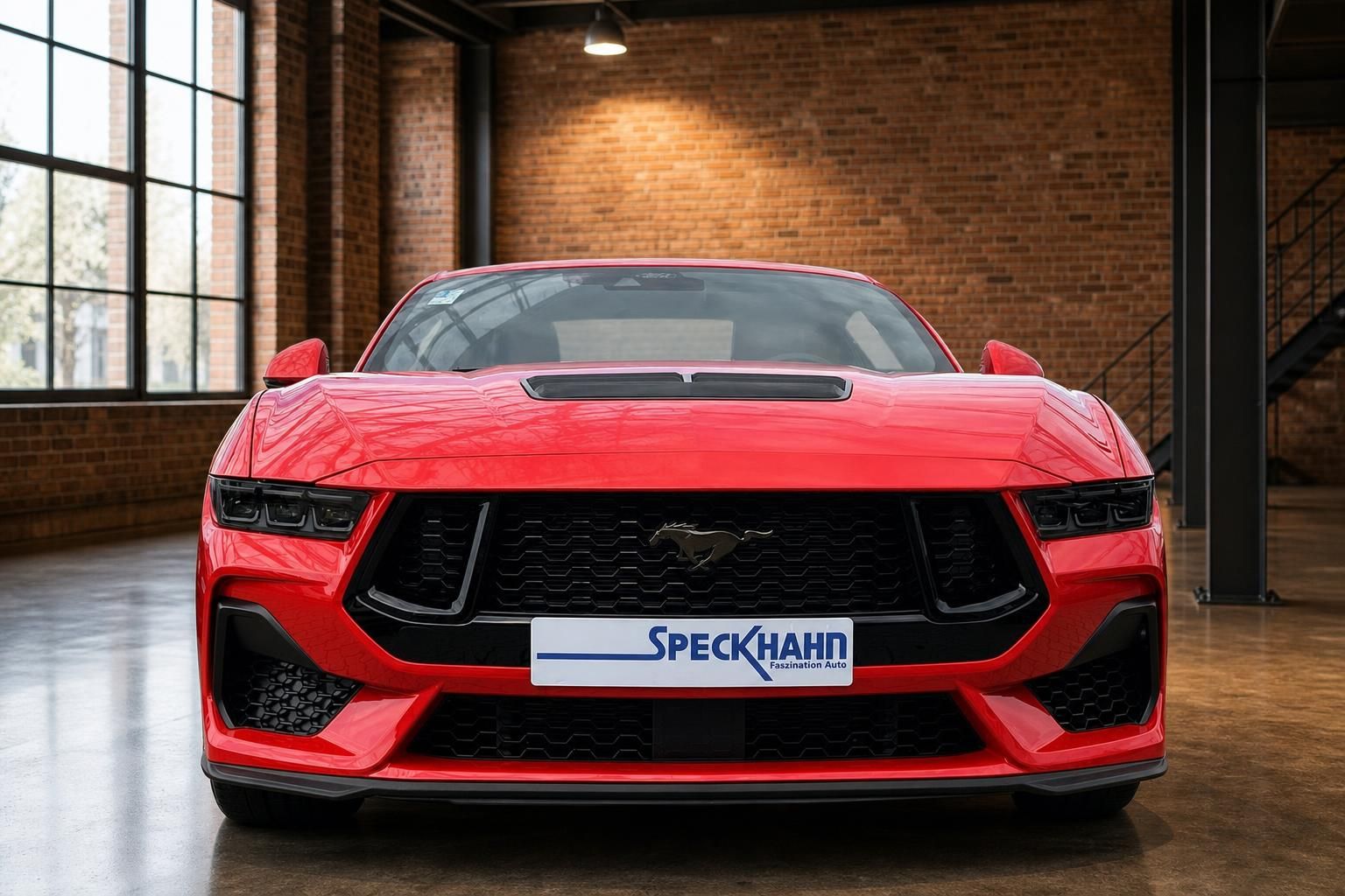 Roter Ford Mustang Frontansicht in Industriehalle beim Autohaus Speckhahn