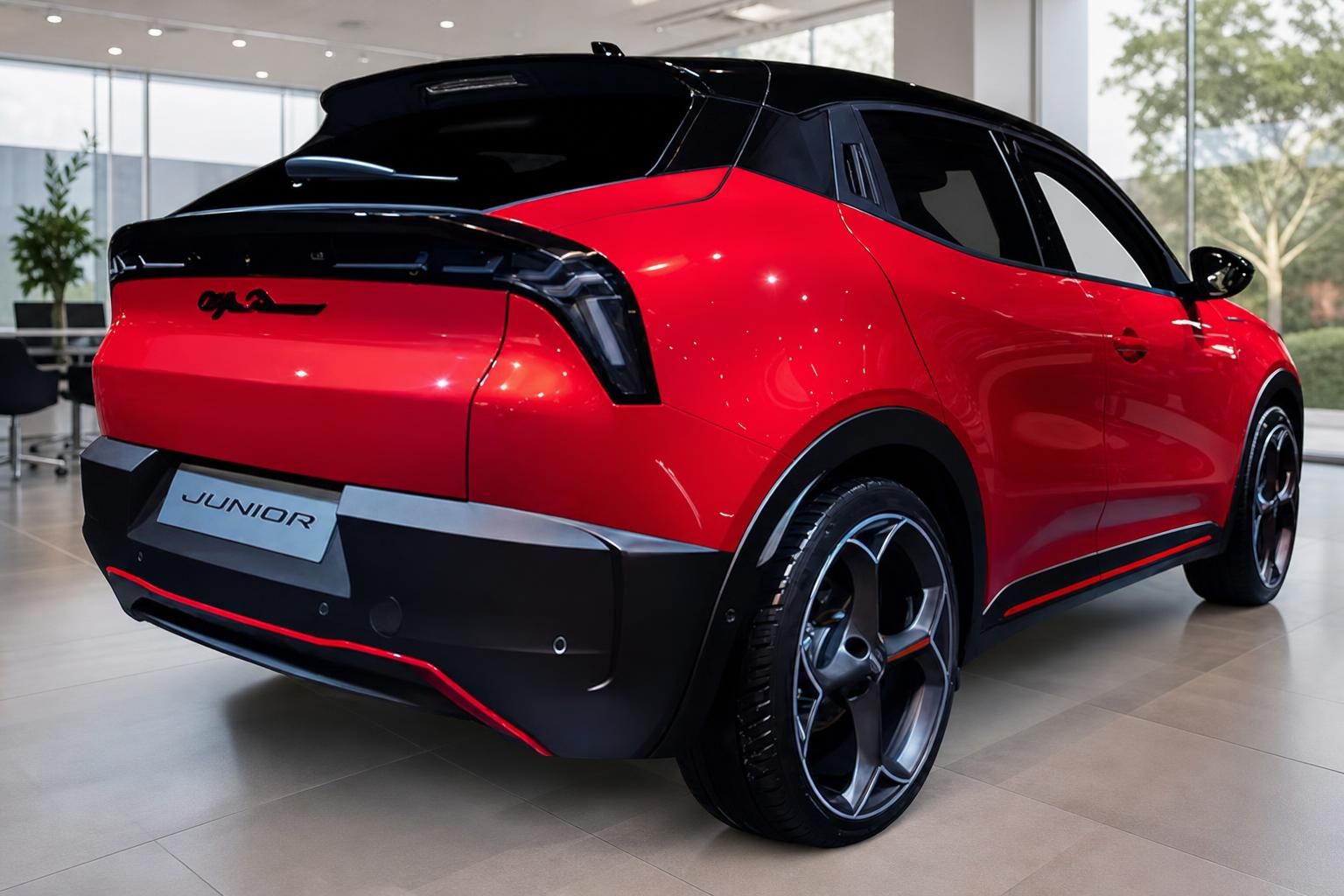 Alfa Romeo Junior in Rot, Heckansicht im Autohaus-Showroom