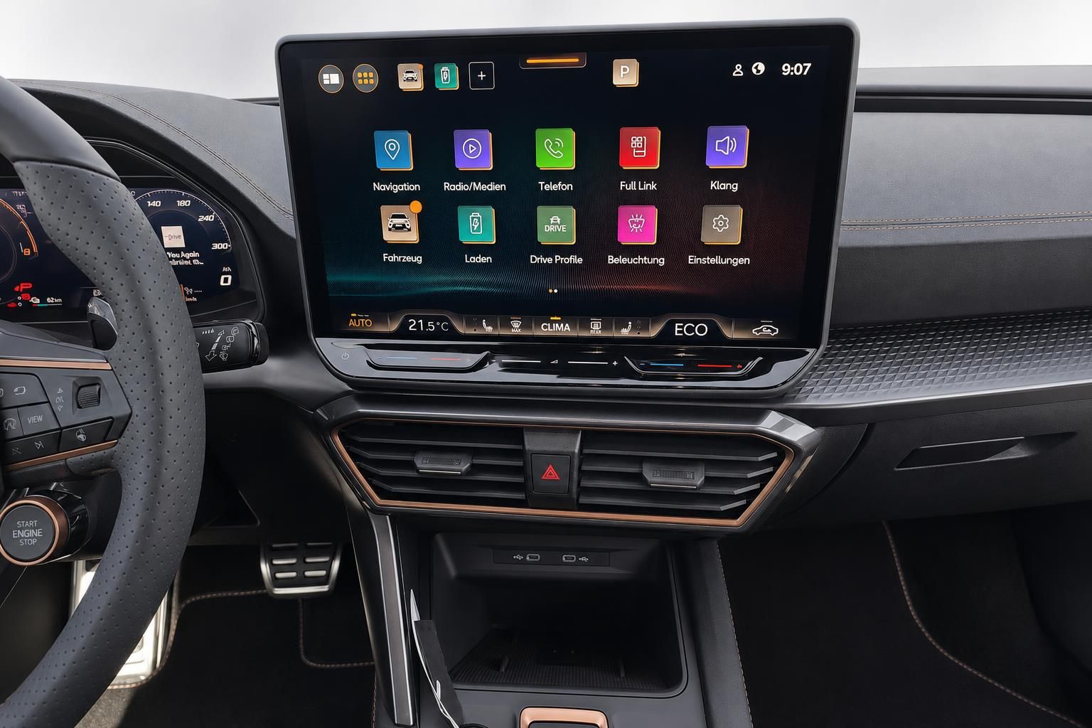 Cupra Infotainment Touchscreen mit Navigation und Fahrzeugmenue