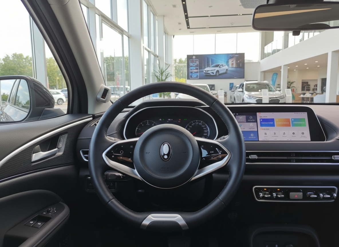 Innenraum eines modernen Elektrofahrzeugs mit Lenkrad und großem Infotainment-Display im Autohaus