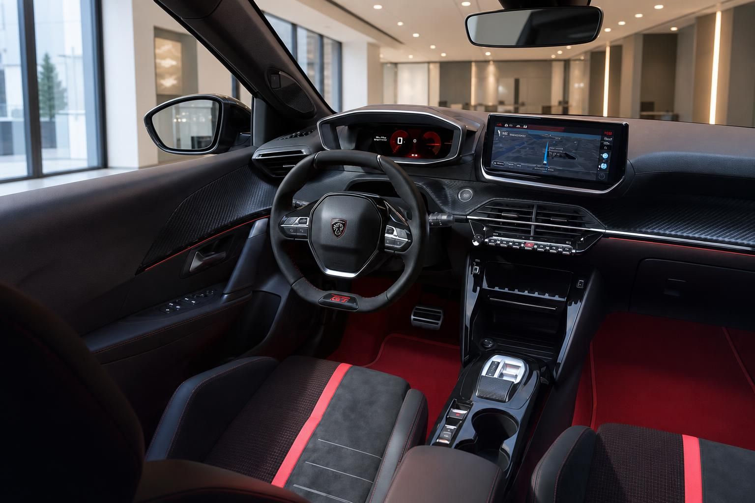 Peugeot E-208 GTI Innenraum mit Sportlenkrad und Cockpit-Display
