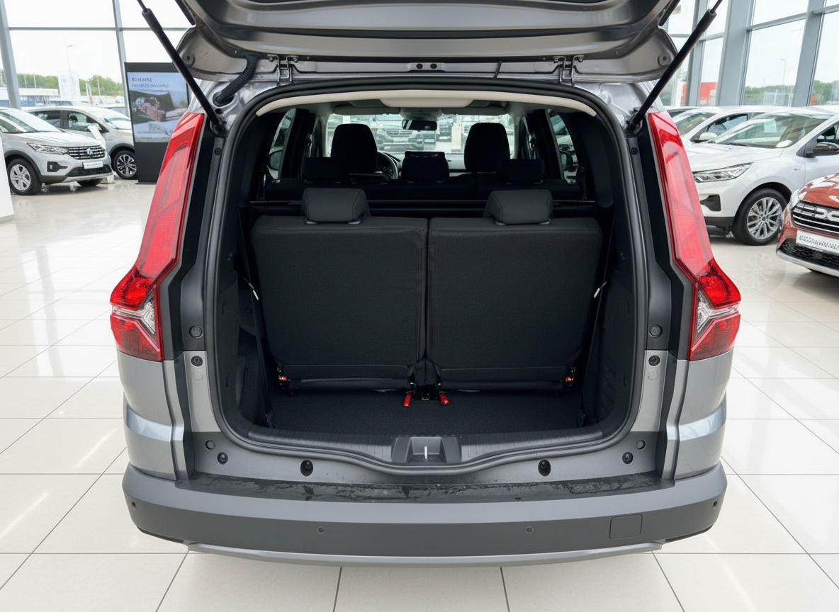 Dacia Jogger Kofferraum offen mit umklappbarer Rücksitzbank im Autohaus